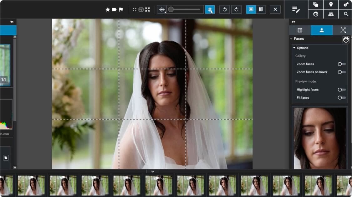 Portrait with focus peaking and a composition grid overlay